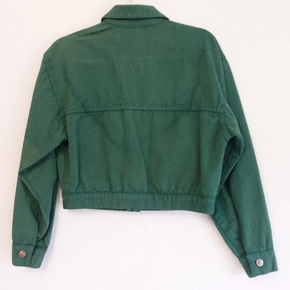 Vintage 90s Cropped Denim Jean Jacket Womens S Forest Green Boxy Faded Grunge - Picture 3 of 11